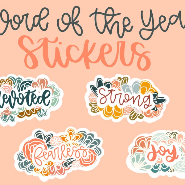 Custom Word of the Year Floral Stickers / Waterproof Glossy Sticker