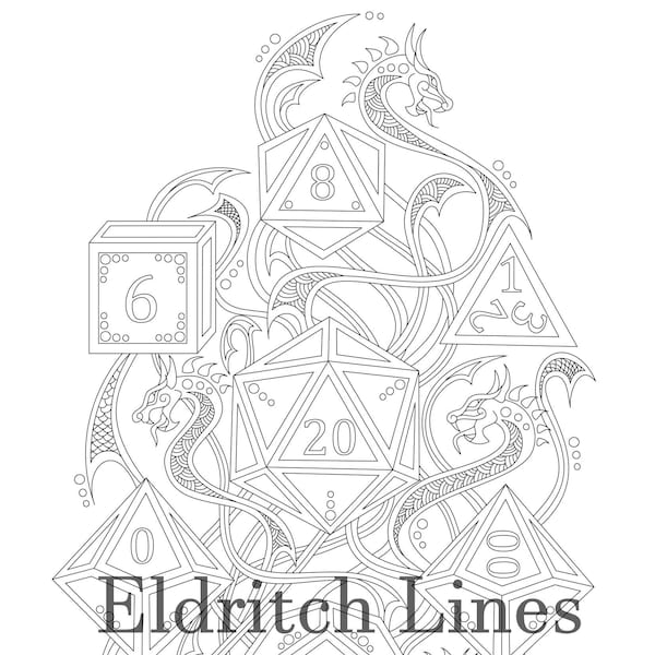 Polyhedral DnD dice set - Printable adult coloring page lineart - Pyrography pattern - DIGITAL DOWNLOAD - PDF file