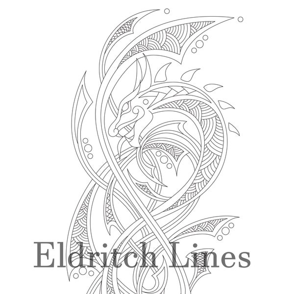 Nordic Dragon - Printable adult coloring page lineart - Pyrography pattern - DIGITAL DOWNLOAD - PDF file