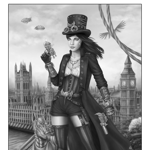 Airship Captain - Printable steampunk adult coloring grayscale page - DIGITAL DOWNLOAD - PDF file