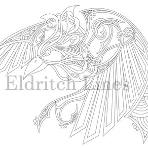Nordic Raven - Printable adult coloring page lineart - Pyrography pattern - DIGITAL DOWNLOAD - PDF file
