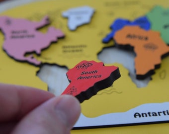Wooden World Map Puzzle, Continents and Oceans, Personalized Wooden Map Puzzle, Montessori Puzzle, Educational Toy, Wooden Toys, Nursery