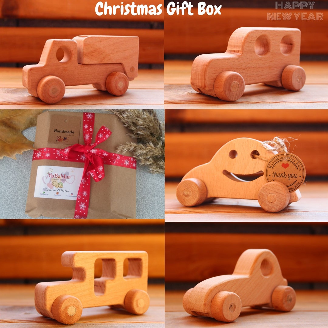 Wooden Toy Gift Box, Set of 5 Beech Wood Cars, Natural Keepsake Set for