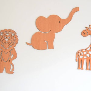 Safari Wall Decor Nursery - Home, Safari Baby Shower Decor Set of 4, Wooden Safari Animals, Baby Born Gift, Wall Name Sign Free