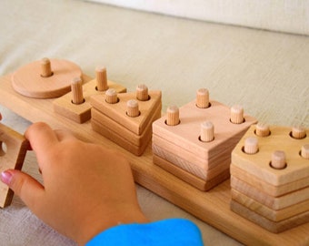Houten geometrische stapelaar, Montessori speelgoed, educatief kleuterspeelgoed, natuurlijk beukenhout speelgoed