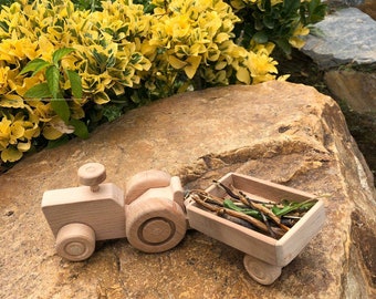 Wooden Tractor With Trailer, Easter Montessori Toy, Farm Toys, Baby Shower Gift, Beech Wood, Handmade Toys