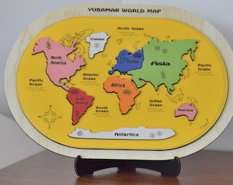 World Map Puzzle For Kids, Continents and Oceans, Personalized Wooden Map Puzzle, Montessori Puzzle, Educational Toy, Wooden Toys, Nursery