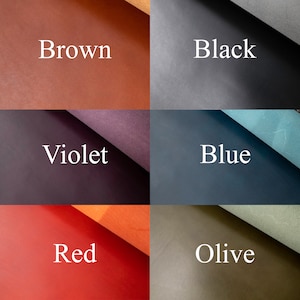 May include: A close-up of six different colored leather swatches. The swatches are arranged in a grid pattern. The colors are brown, black, violet, blue, red, and olive.