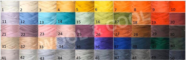 May include: A color chart of 50 different shades of yarn. The yarn is arranged in rows of 10, with each row numbered 1-50. The colors range from light to dark, and include shades of blue, green, red, orange, yellow, brown, gray, and white.