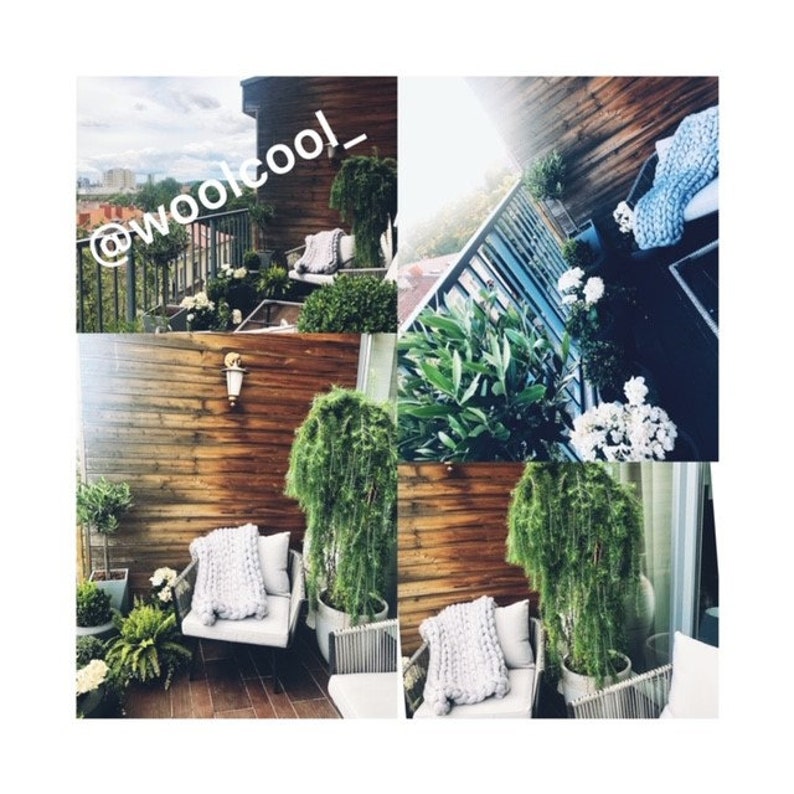 May include: A balcony with wooden walls and a variety of plants. There are two white knitted blankets on chairs, and a blue knitted blanket on a chair in the background. The text "@woolcool_" is written on the wall.