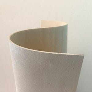May include: A sheet of thin, flexible, light-colored wood veneer, curved into a cylindrical shape. The wood grain is visible and has a subtle, light brown color.