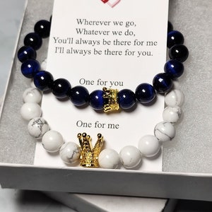 King and Queen Magnetic Couples Bracelet Set - Blue Tiger Eye and White Howlite, His and Her bracelets, Matching bracelets