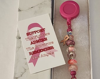 Awareness Beaded Badge Clip/reel - Breast Cancer