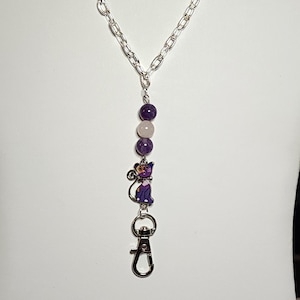 Cat Lover&#39;s Lanyard, Purple Dream Lace Amethyst and Pink Rose Quartz