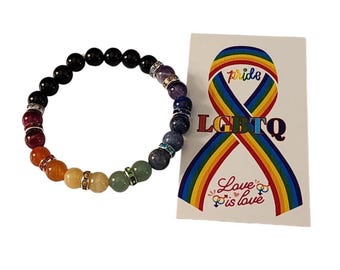 Rainbow Pride  Beaded Bracelet, 8mm Gemstone LGBTQ Jewelry
