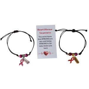 Heart Disease Awareness Braided Waxed Cord Bracelet