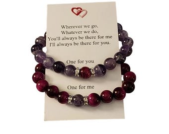Magnetic Couples Bracelet Set - Rose Red Tiger Eye and Purple Dream Lace Amethyst