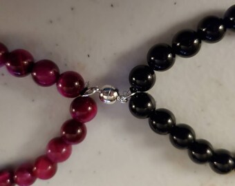 Magnetic Couple Bracelets Set - Tiger Eye Stone, Adjustable Elastic, Matching Heart Charm For Him & Her