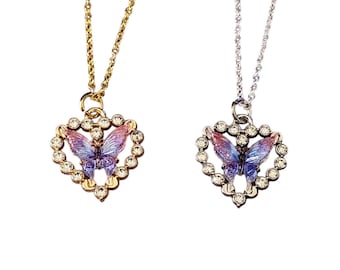 Butterfly Heart Necklace - Pink/Purple/Blue