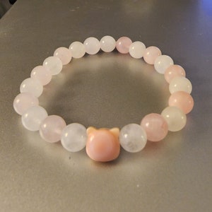 Pink Rose Quartz & White Jade Cat Bracelet image 3