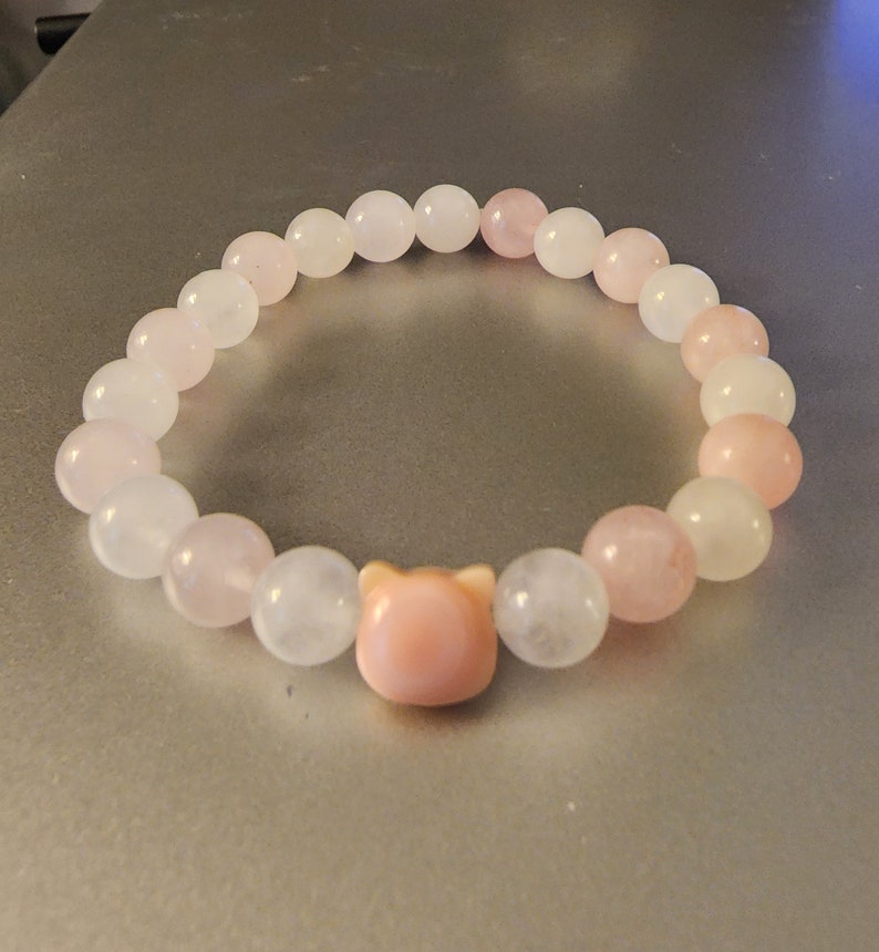 Pink Rose Quartz & White Jade Cat Bracelet image 3