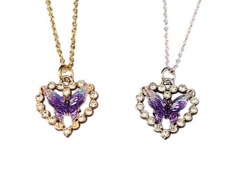 Butterfly Heart Necklace - Purple