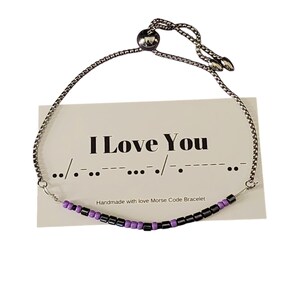 Morse Code Bracelet &quot;I Love You&quot; - Stainless Steel (Purple & Black)