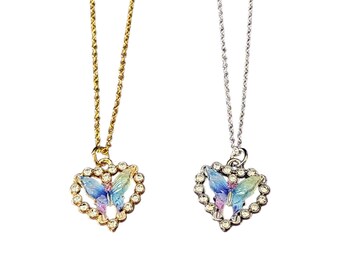 Butterfly Heart Necklace - Rainbow