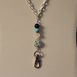 Flower Lanyard, Pink Rose Quartz, Blue Tigers Eye, Turquoise