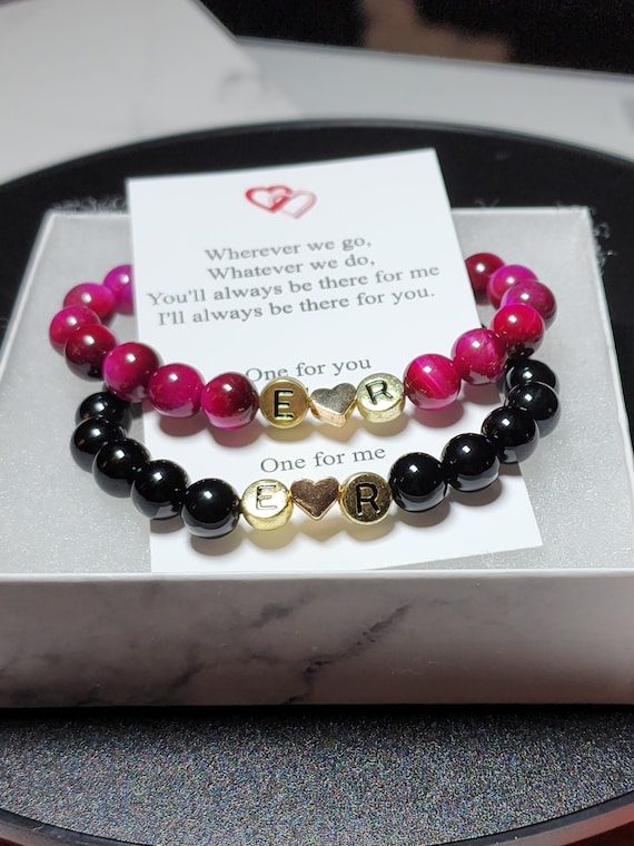 Personalized Initial Magnetic Couples Bracelet Set Rose Red Tiger Eye and  Black Onyx