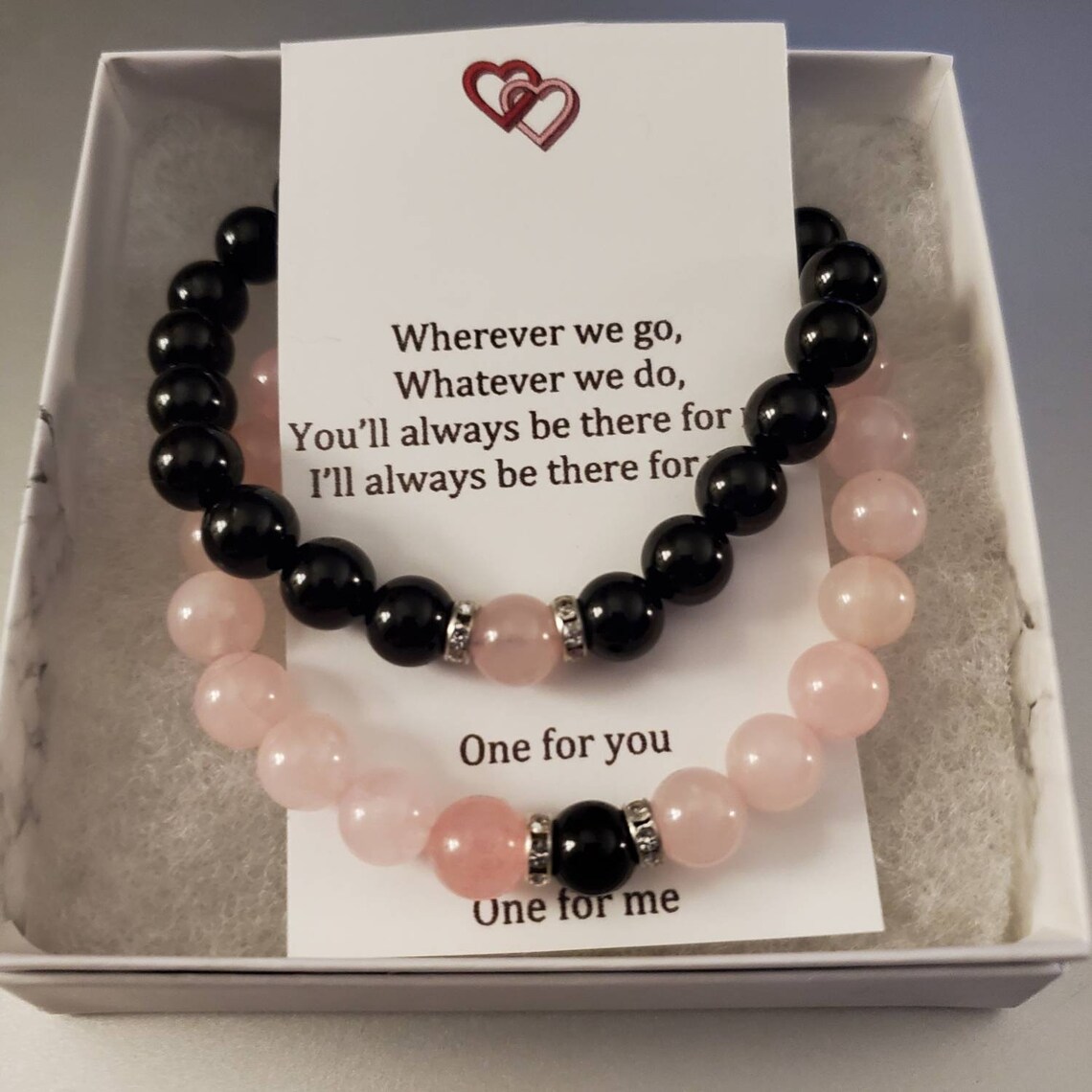 Couples Bracelet Set Pink Rose Quartz and Black Etsy