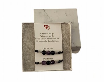 Couples Adjustable Waxed Cord Bracelet Set, Purple Dream Lace Amethyst and Black Onyx