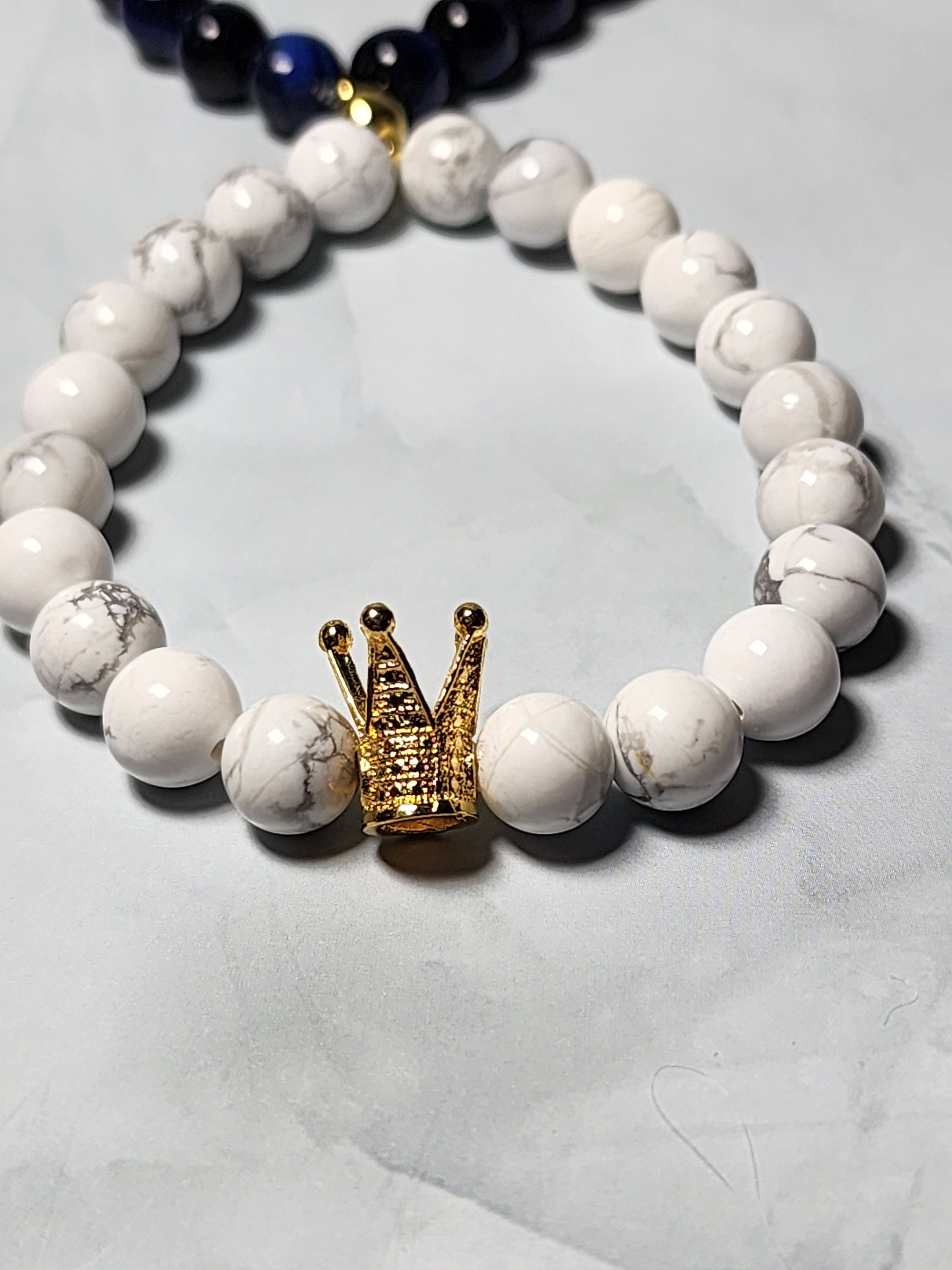 Lot De 2 Bracelets Couple En Howlite Blanche Et Œil De Tigre – Pierre Naturelle – Ajustable – Neuf Avec étiquettes