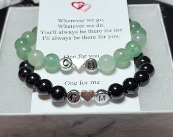 Personalized Initial Magnetic Couples Bracelet Set - Green Aventurine and Black Onyx