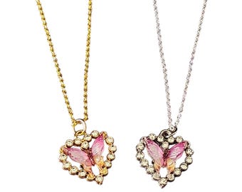 Butterfly Heart Necklace - Pink