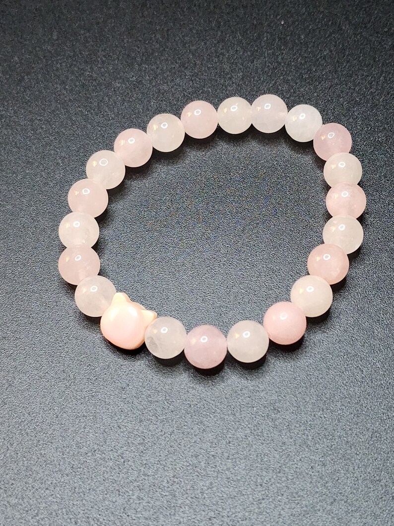 Pink Rose Quartz & White Jade Cat Bracelet image 2