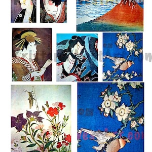 Può includere: Una collezione di stampe xilografiche giapponesi con ritratti, paesaggi e scene naturali. Le stampe presentano colori vivaci, tra cui rosso, blu e verde, e raffigurano soggetti come il Monte Fuji, uccelli e composizioni floreali.