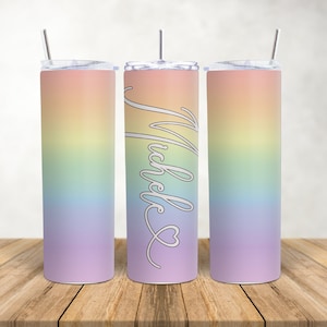 Personalised 20 oz tumbler with metal straw, personalised drink ware, steel tumbler, rainbow drinks bottle, personalised gift,