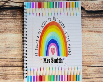 Teachers notebook, personalised notebook, End of term teachers gift, personalised teachers gift, spiral bound note pad, rainbow stationary
