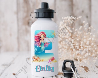 Childrens personalised water bottle, kids mermaid sports bottle, Under the sea drinks bottle, childs initial bottle aluminium drinkware.