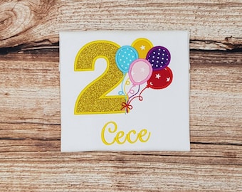 Childrens birthday tshirt, Childrens embroiderd birthday top, Childrens personalised birthday tshirt with balloons, 1, 2, 3, 4, 5, 6, 7, 8