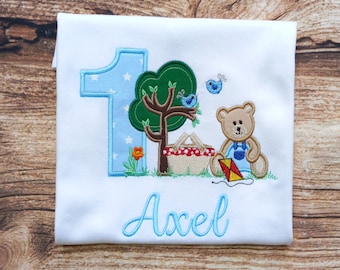 Childrens personalised birthday tshirt, teddy bears picnic birthday top, childs embroidered tee, kids clothing, personalised gift