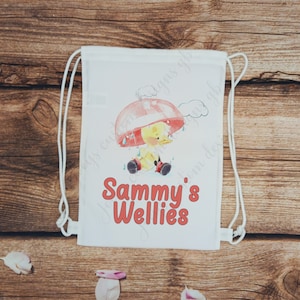 Sac welly personnalisé pour enfants, sac de gym Childs wellies, sac à bottes pour enfants, canard avec sac d'école parapluie rouge, sac à bottes pour tout-petits, sac de pépinière