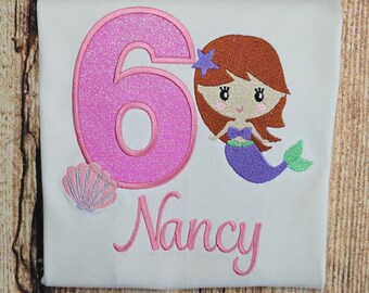 Children's personalised birthday t-shirt, kids mermaid tee, under the sea top, child's embroidered shirt