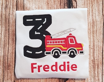 Childrens birthday tshirt with fire engine, personalised birthday top, childs birthday tee, personalised gift, 1,2,3,4,5,6 years embroidered