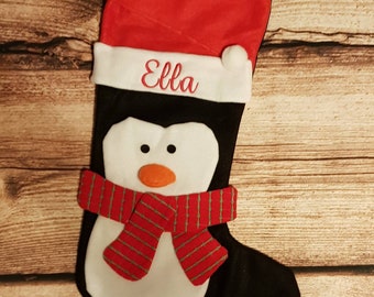 Personalised Penguin Stocking, Christmas Stocking, embroidered xmas sock, Christmas decoration