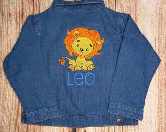 Childrens personalised jacket, kids lion denim jacket, Childs embroidered denim style jacket, casual wear, baby's denim jacket