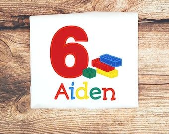 Childrens personalised birthday tshirt, kids building blocks t-shirt, childs embroidered stacking bricks top, personalised gift,