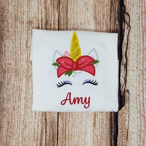 childrens unicorn tshirt, childs unicorn top, kids embroidered tee, personalised unicorn shirt, personalised gift, unicorn wearing a bandana