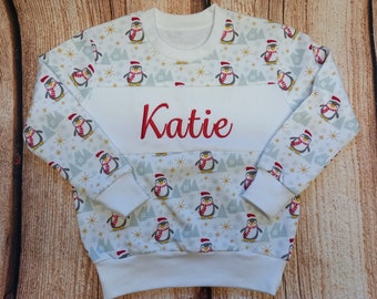 Childrens personalised Christmas Jumper, Childs embroidered xmas sweater, Penguin Christmas jumper